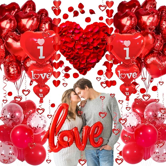Valentines Day Decorations Set, I Love You Balloons and Red Heart Balloons With Fake Rose Petals for Valentines Day Party Wedding Anniversary Engagement Decor