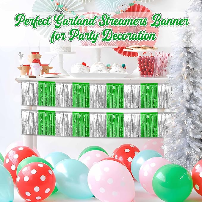 3 Pack 10 Ft Silver Green Foil Fringe Garland Metallic Streamers Tinsel Banner Wall Hanging Garland Backdrop for Parade Floats, Halloween, Christmas, Thanksgiving, New Year Party Decorations