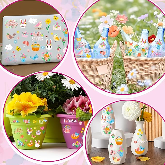 174 PCS Spring Temporary Tattoos, 12 Sheets Waterproof Hello Spring Tattoo, Rose Gold-Foil Spring Party Decorations Glitter Flowers Butterfly Egg Fillers for Easter Basket Stuffers Party Favors