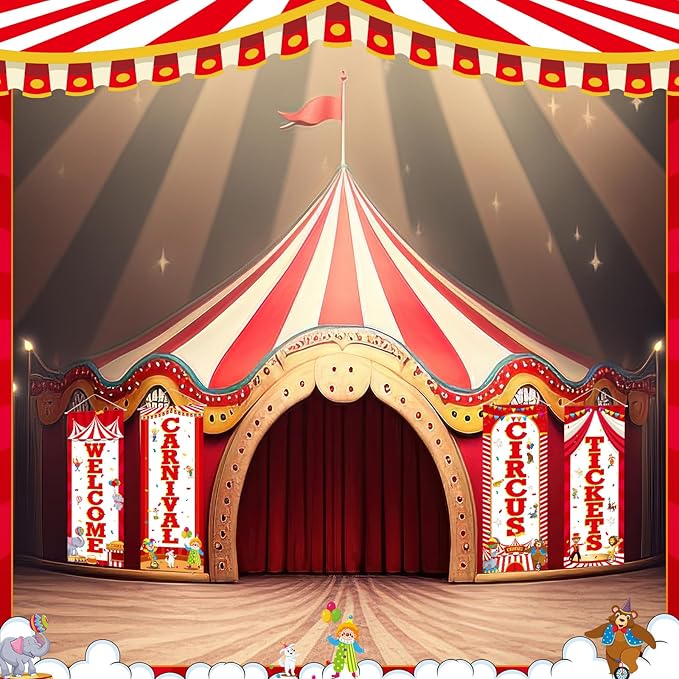 Panelee 4 Pcs Carnival Circus Party Decorations Welcome Carnival Circus Tickets Porch Banner Hanging Backdrop for Halloween Birthday Baby Shower Door Wall Indoor Outdoor Decor