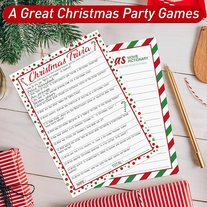 COCHIE 30 Players Christmas Party Games for Adults Family Office Large Groups, Xmas Parties Movies Pictionary Game, Guesstures Game, Christmas Trivia Games with Answer Key (Xmas Quiz)