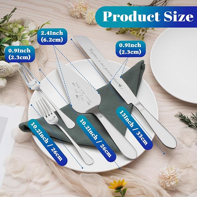 Cake Cutting Set for Wedding, Elegant Cake Knife and Server Set with Stainless Steel Forks, Cake Cutter and Pie Spatula for Couples Wedding Registry, Engagements, Anniversary, 4 Pcs, Silver