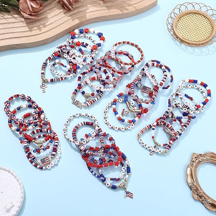Cooluckday 36 Pcs Holiday Heishi Surfer Bracelets for Women Bulk Easter Mother's Day Christmas St. Patrick's Day Mardi Gras Bracelet Stackable Stretch Friendship Bracelets Set