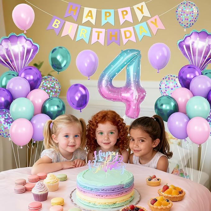 4th Mermaid Birthday Decoration for Girls,Pink Purple Green 4th Birthday Balloon Number 4 Seashell Foil Balloons Banner Mermaid Sea Party Decor Supplies for 4 Year Old