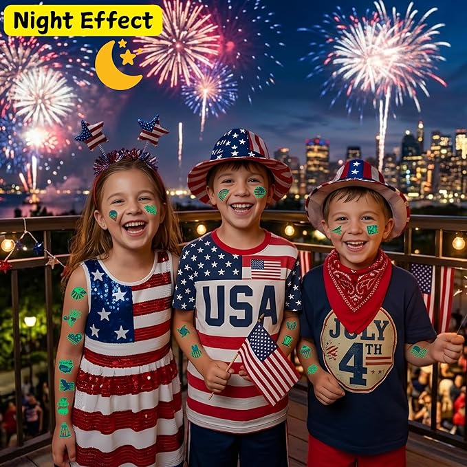 4th of July Temporary Tattoos Luminous 4th of July Decorations Favors Party Supplies Accessories American USA Independence Day Memorial Labor Day Fourth of July Red White Blue Glow in Dark Patriotic