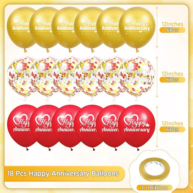 Happy Anniversary Balloons 18Pcs Red Gold Party Decorations for Women Men 12Inch Metallic Confetti Balloons for Indoor Outdoor Party Supplies