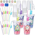 Qinyoung 24 Set Creative Happy Birthday Gifts from Teacher Students Birthday Cups with Lids Colorful Straws Stickers and Raffia Disposable Plastic Cups for Reward Kids Prize Classroom Party Supplies