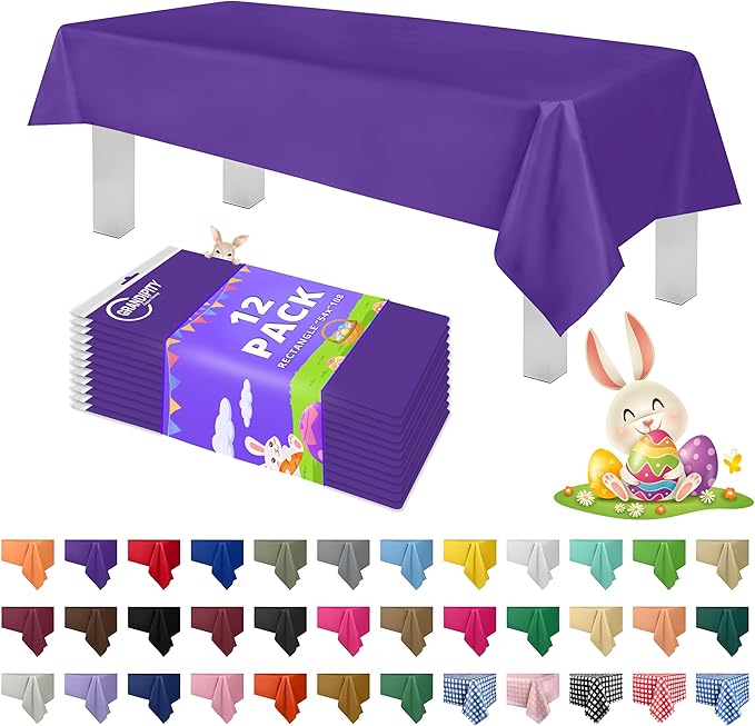 Grandipity 12 Pack Premium Disposable Plastic Tablecloth 54 Inch. x 108 Inch. Decorative Rectangle Table Cover - Purple