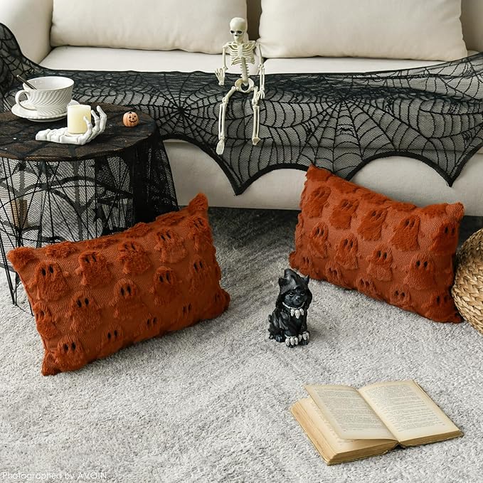 AVOIN colorlife Halloween Ghost Caramel Throw Pillow Cover Set of 2, 12 x 20 Inch Soft Plush Faux Fur Jacquard Spooky Cushion Case Decoration for Sofa Couch