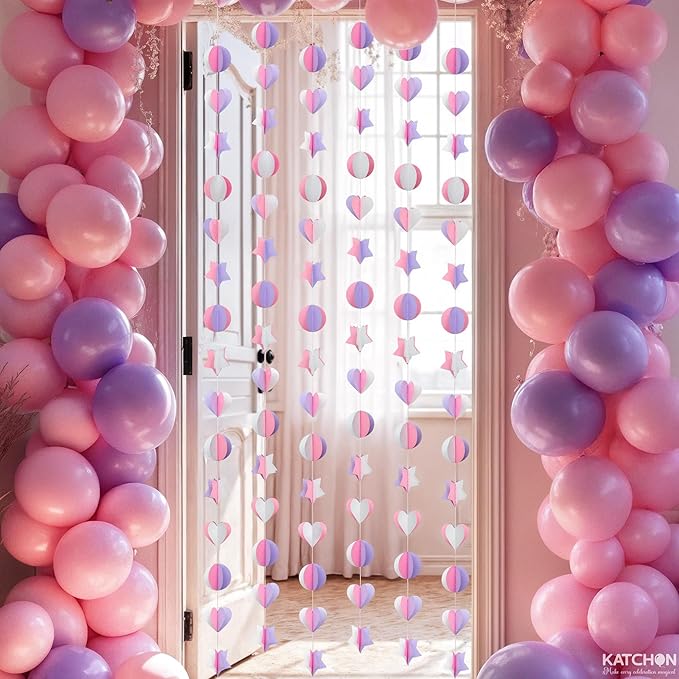KatchOn, 3D Pink and Purple Paper Garland – Pack of 6 | Garland for Mermaid and Unicorn Birthday Decorations | Happy Birthday Decorations for Girls | Unicorn Party Decorations | Hanging Decorations