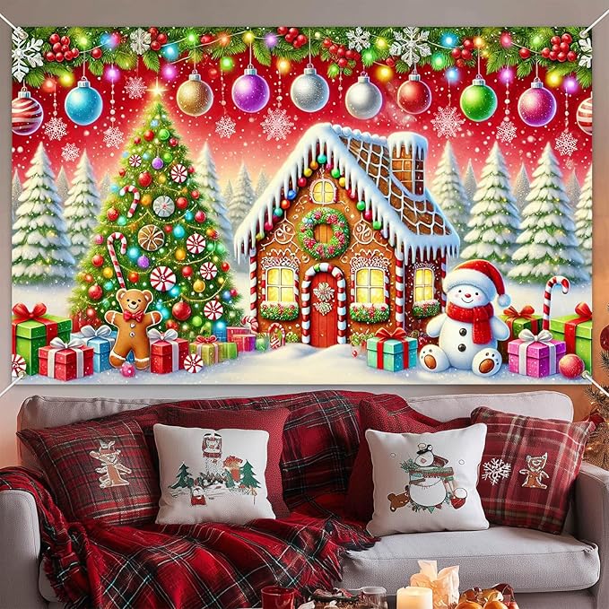 Gingerbread House Backdrop 71x43 Inches Christmas Tree Scene Banner Holiday Party Decoration Merry Christmas Backdrop for Photography Indoor Outdoor Gingerbread Christmas Background