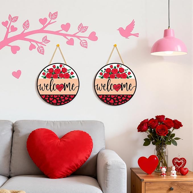 Valentines Day Decorations - Wreath Welcome Sign for Front Door | Rustic Round Wood Wreaths,Heart Rose Garland Outdoor Indoor - Valentines Decor Party Favors Supplies for Door Wall Room Porch Kitchen