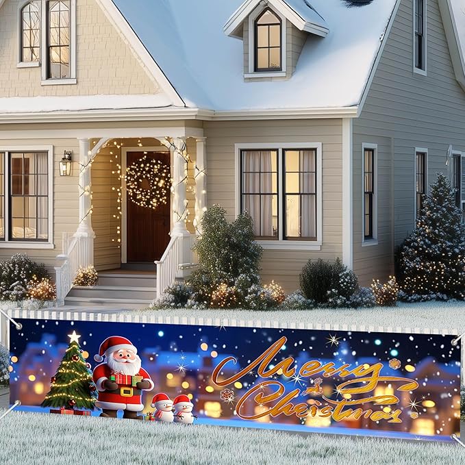 Merry Christmas Banner Santa Claus Christmas Decorations for Home 79x18 Inch Large Outdoor Xmas Backdrop with Snowman Tree Lights for Holiday Party Wall Yard Fence Indoor Decor