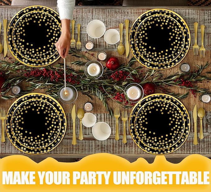 175PCS Black and Gold Paper Plates Party Supplies for 25 Guests Disposable Party Decorations Dinnerware Golden Dot Black Paper Plates Napkins Cups Gold Plastic Forks Knives Spoons for Parties