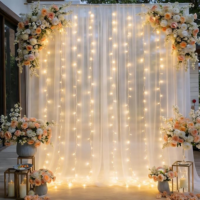 White Tulle Backdrop Curtain with Lights, Elegant Sheer Photo Backdrop Drapes, Soft Fabric Curtain for Weddings Brithday Parties Photography Background Decor, 10ftx8ft
