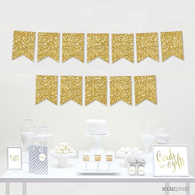 Andaz Press Hanging Pennant Banner with String, Faux Gold Glitter, 1-Set, 24 Pennants, Approx. 12-Feet Long