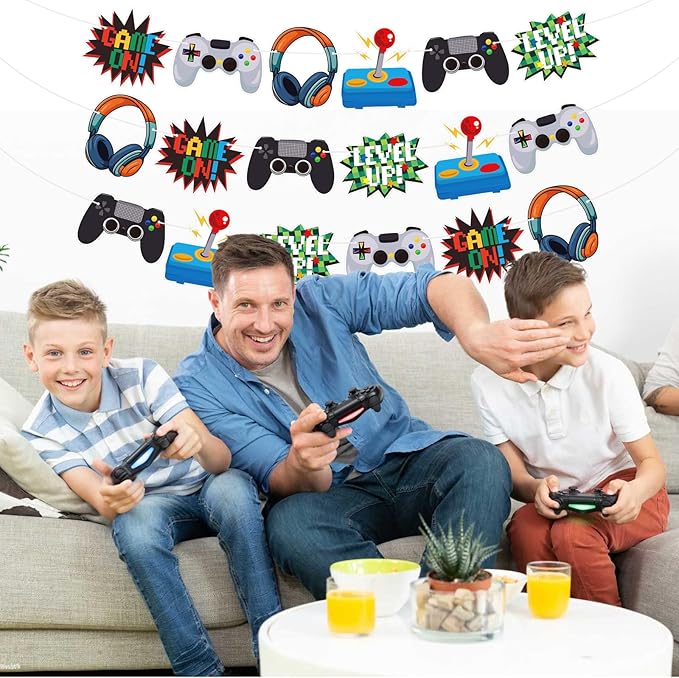 Video Game Happy Birthday Banner - Game On Controllers GamePad Birthday Decorations Party Decor Supplies for Kids, Boys, Girls, Baby Showers
