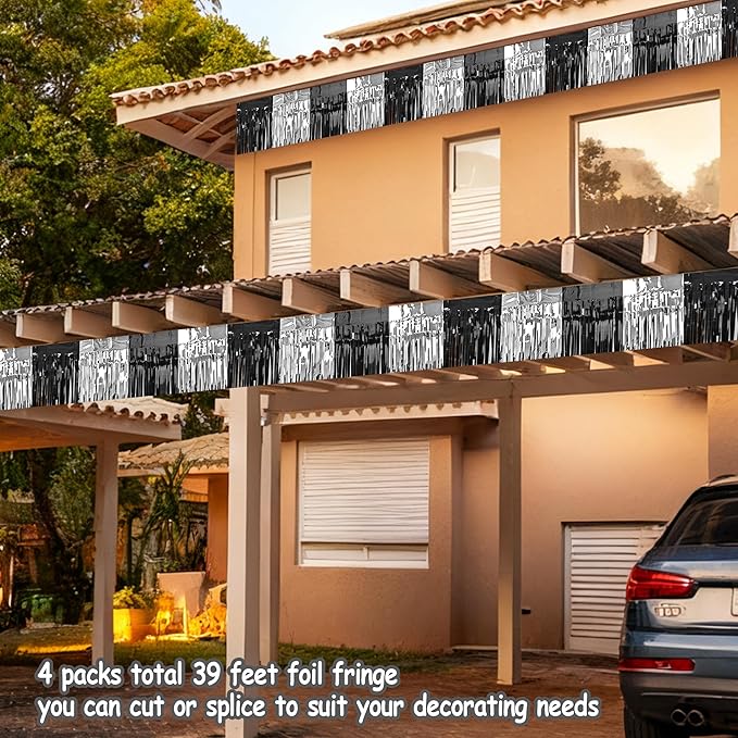 4 Packs Total 39 Ft Parade Floats for Trailer Car, Black Gold Silver Foil Fringe Garland Tinsel Streamers Banner Table Skirts for Graduation Homecoming New Year's Eve Birthday Party Decor