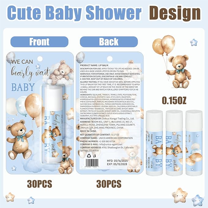 30 Pack Blue Bear Baby Shower Games Prizes Gifts Bulk Bear Lip Balms Favors for Winners Boys Girls Gender Reveal Favors Decorations Winter New Year Baby Shower Souvenirs Gift Bags Stuffer