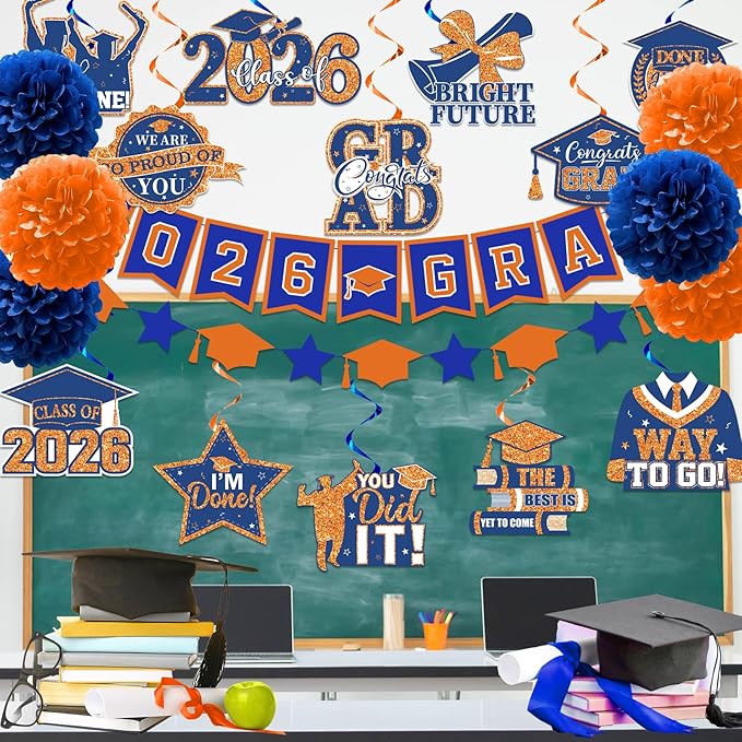 Orange and Blue Graduation Decorations, Grad Banner and Congrats Grad Hanging Swirls, Orange and Blue Graduation Banner Graduations Hanging Swirls College Graduations Party Decorations Class of 2026