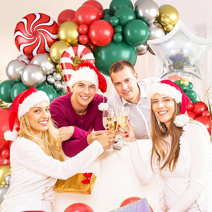 Christmas Balloon Arch, Red Green Gold Balloon Garland, Metallic Silver Red Candy Canes Sweet Candy Iridescent Star long Balloons For Christmas Theme Party Celebration Birthday Baby Shower Wedding