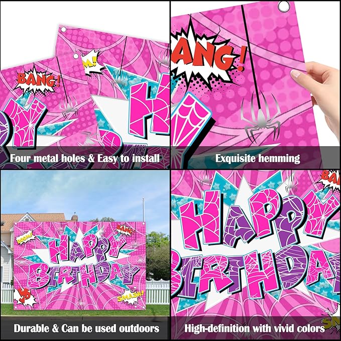 5x3ft Pink Spider Theme Backdrop Cartoon Photography Background Kids Boys Girls Birthday Party Decorations Photo Booth Banner Props