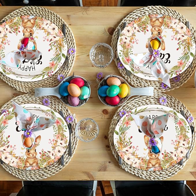 50Pcs Easter Plates, Large Disposable Oval Paper Plates, 10" X 12.5" Heavy Duty Party Food Plate, Happy Easter Plate Bunny Egg Flowers Tableware Dinnerware Set for Easter‘s Party Supplies