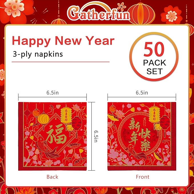 Gatherfun chinese new year Party Supplies Disposable Napkins chinese new year Paper Napkins for Birthday Party Decorations 3-Ply 50 Pack