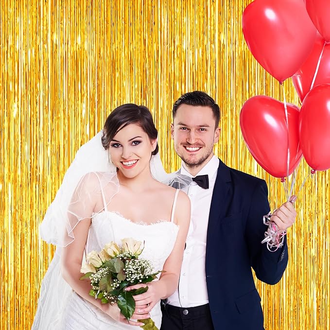 2 Pack Gold Foil Fringe Curtains, 3.3ft x 6.6ft Streamer Foil Curtain, Tinsel Backdrop for Birthday Party, Christmas Decor, Wedding Engagement Baby Shower Bachelorette Party Decorations