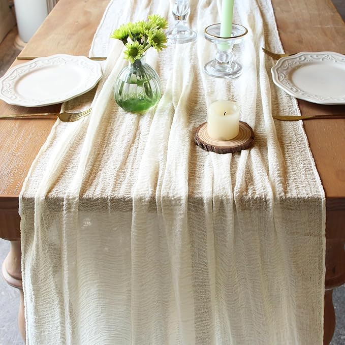 FEXIA Beige Table Runner Ivory Cheesecloth Table Runner 30x118 Inches Rustic Gauze for Easter Decor Wedding Baby Shower Bridal Shower First Communion Home Decorations