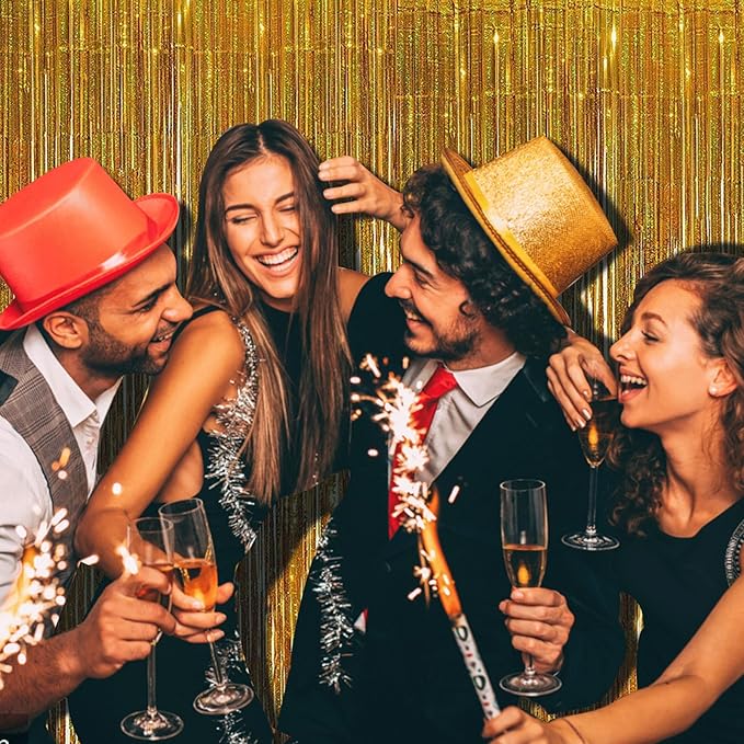 Tinsel Curtain Party Backdrop Gold Birthday Decorations 2 Packs Glitter Foil Fringe Curtain Party Decor Streamers Photo Booth for Birthday Christmas Wedding Halloween Graduation Decorations