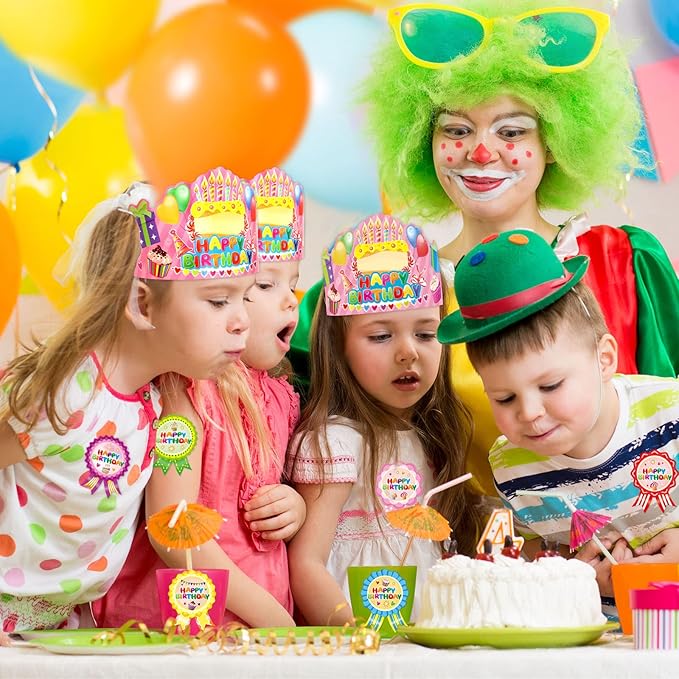 WorldBazaar Birthday Crowns for Kids Classroom 36 Pack Happy Birthday Hats with Badge Stickers Teacher Classroom School Family VBS Party Supplies