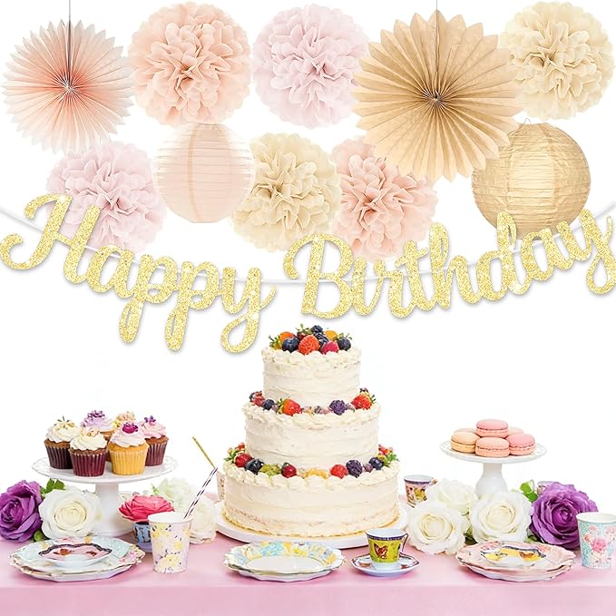 Birthday Decorations for Women, Boho Champagne-Beige 11pcs Balloon Garland, Happy Birthday Banner, Peach Paper Lanterns & Tissue Pom Poms– decoración de cumpleaños para mujer