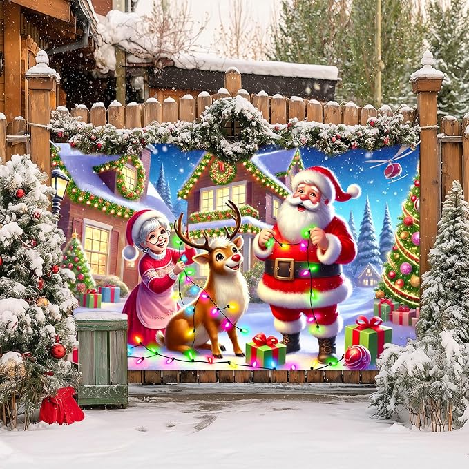 Santa Reindeer Christmas Banner 71x43 Inches Holiday House Backdrop Merry Christmas Decoration for Indoor Outdoor Winter Party Wall Porch Photo Display Festive Family Scene