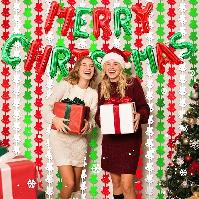 2Pack Christmas Foil Fringe Curtains with Merry Christmas Balloons, 3.3 x 6.6Ft Bell Backdrop Tinsel Photo Booth Props Streamers for New Year Ugly Sweater Xmas Party Decorations Supplies