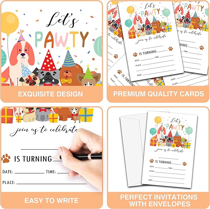 Puppy Dogs Birthday Invitations Cards, 4"x 6" Let's Pawty Theme Birthday Party Invites with Envelopes for Party Decorations Supplies(20 Pieces) -D03