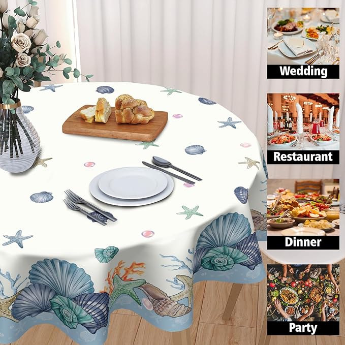 Summer Nautical Coastal Round Tablecloth 70 Inch Coral Shells Starfish Circle Table Cloth Blue Table Cover Washable Polyester Decorations for Kitchen Dinning Room Party