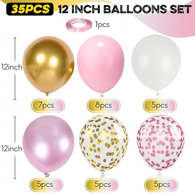 Pink Gold Balloons Set, 12 Inch Pink White Latex Balloons Pink Confetti Helium Balloons Pink and Metallic Gold Party Balloons for Bridal Baby Shower Wedding Girl Women Birthday Decorations