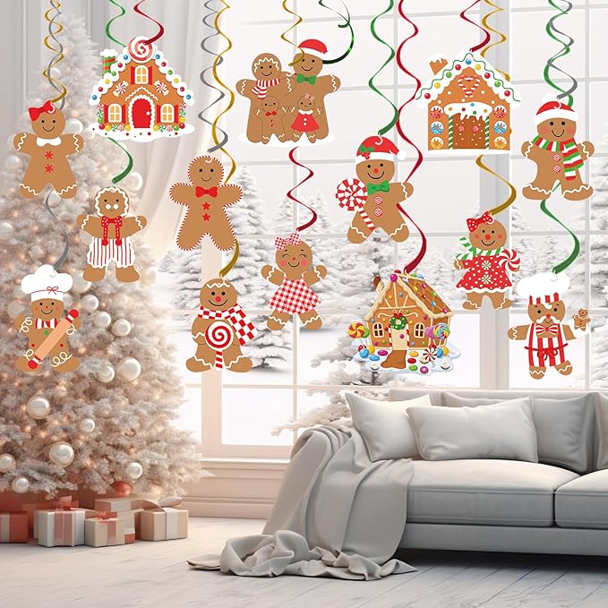 30pcs Gingerbread Party Decorations Hanging Swirls Christmas Gingerbread Streamers Decor for Christmas Birthday Party Supplies