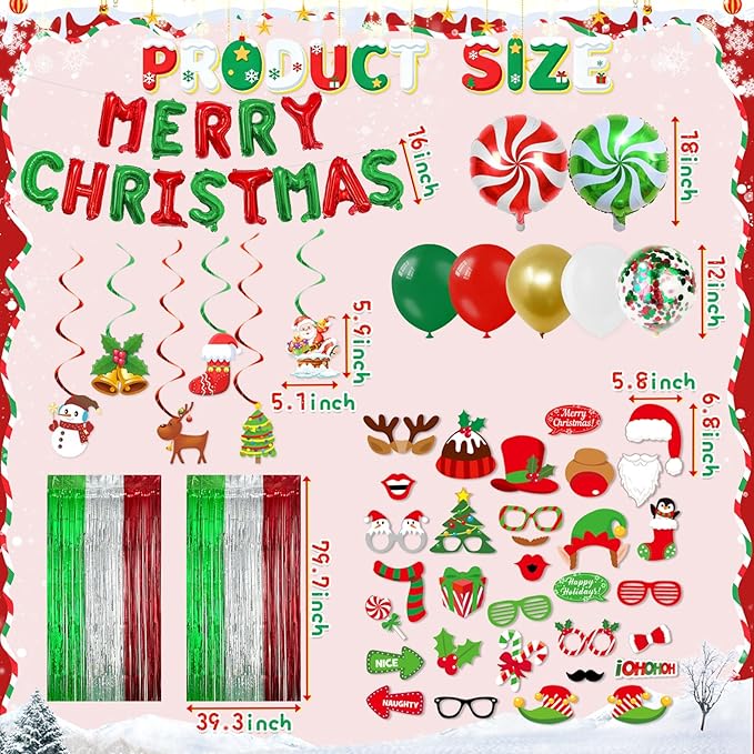 102 PCS Christmas Party Decorations Kits,Merry Christmas Foil Balloons,Xmas Photo Booth Prop, Red Green Latex Balloons,Hanging Swirl,Fringe Curtain for Xmas Decorations Indoor Home Decor