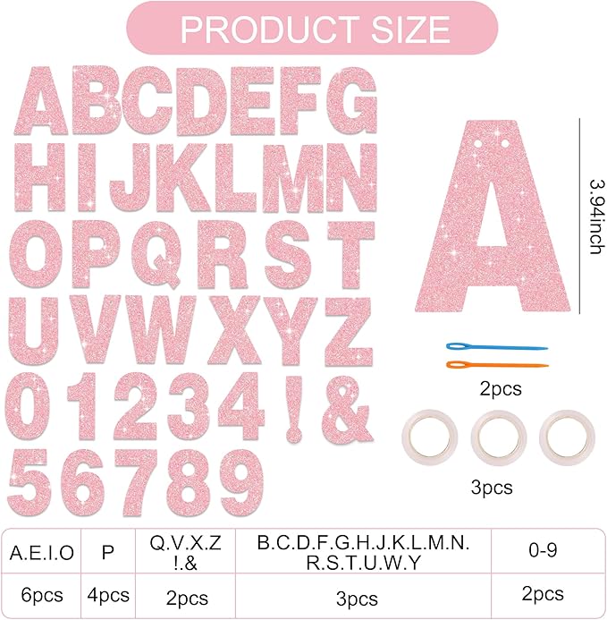 BEISHIDA 116 PCS A-Z DIY Letter Banner Kit Make Your Own Banner Glitter Dark Pink Including 111 Letters and Numbers 3 Rope and 2 Threading Device,Customized for Birthday Graduation Wedding Party Decor