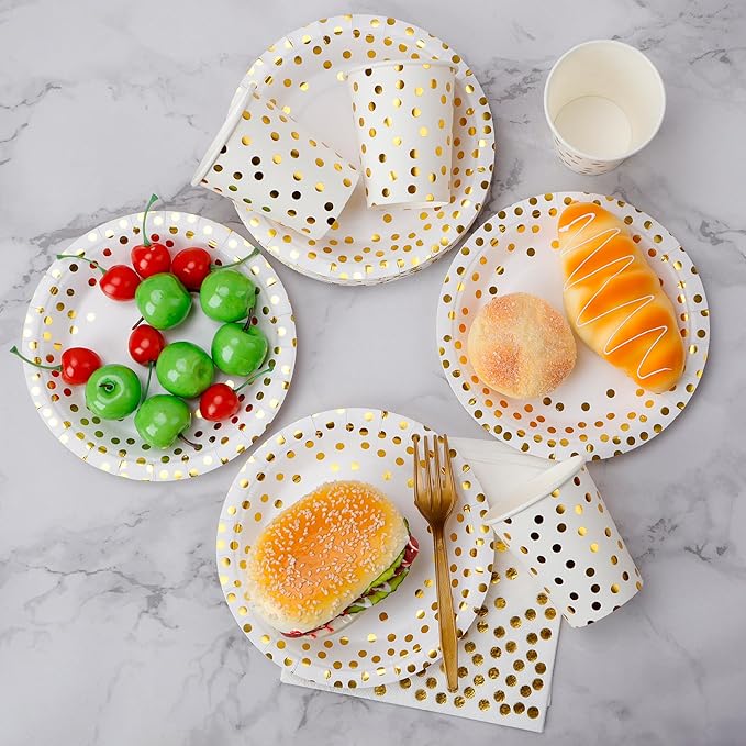 160 Pcs White and Gold Paper Plates, Forks and Cups Party Supplies, Disposable Paper Dessert Cake Plates Tableware Supplies for Birthdays, Graduations, Weddings, Holidays (Serves 40)(7 inches)
