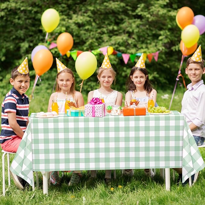 WNINK 2 Pack Sage Green Checkered Rectangular Plastic Tablecloths, Green Gingham Waterproof Disposable Table Covers 54" x 108" for Birthday, Baby Shower, Wedding, Outdoor Picnic Parties