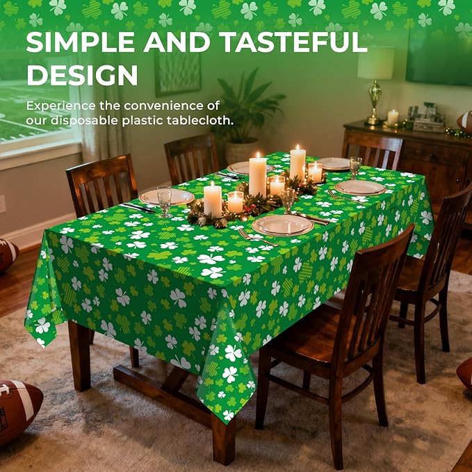 6 Pack Clover Disposable Plastic Tablecloth 54" x 108" Green Shamrock Party Table Cloths Disposable for 6 to 8 Foot Tables St Patricks Day Party Indoor or Outdoor (Clover)