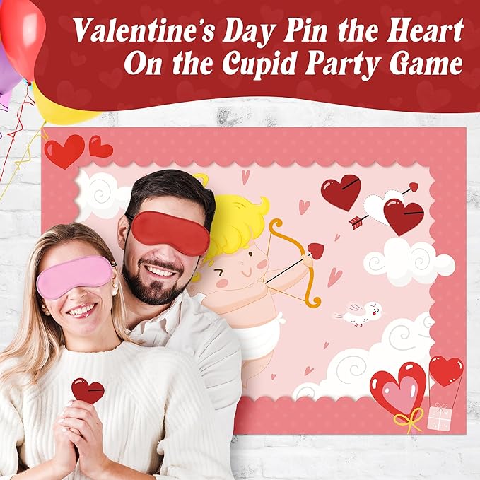 Pin The Heart On The Cupid Arrow Game Large Poster with 24 Pcs Stickers Fun Classroom Activity Party Decorations Wall Decor for Kids Birthday Baby Shower Couples Valentine’s Day