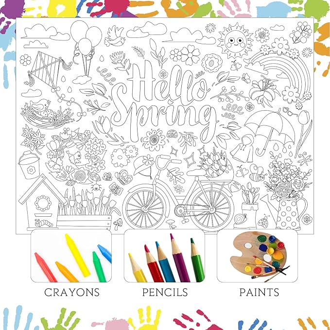 ZOIIWA Hello Spring Coloring Poster for Giant Coloring Poster Large Spring Coloring Tablecloth Jumbo Coloring Books for Home Birthday Party Supplies Favor 31.4 x 43.3 Inch