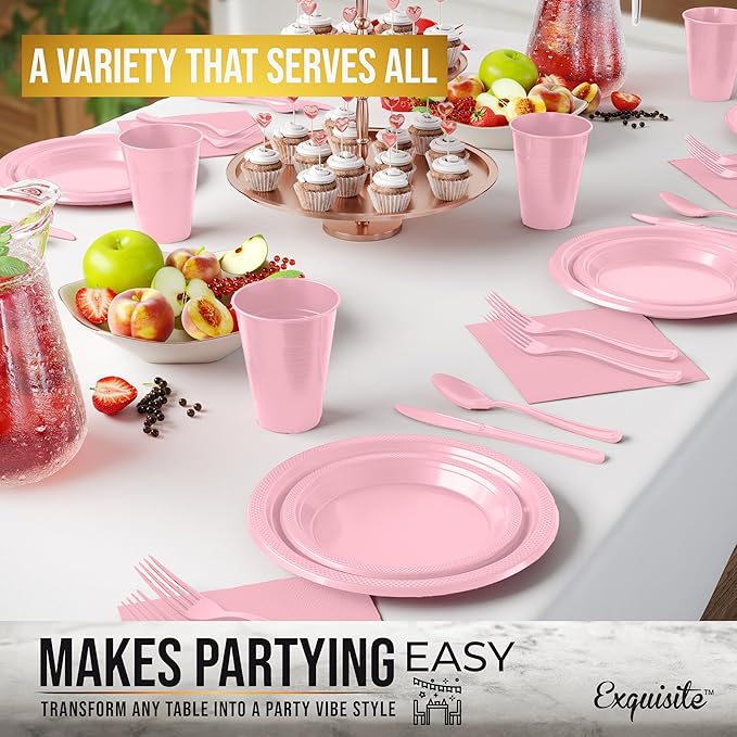 350 Pcs Pink Plastic Plates For Party, Pink Disposable Plates Set, 50 Of Each 9" Dinner Plate Set, 7" Dessert Plate, Cups, Napkins & Cutlery Plastic Dinnerware Set Exquisite