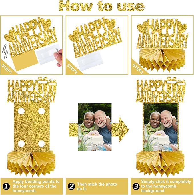8Pcs Gold Happy Wedding Anniversary Decorations Honeycomb Centerpiece, Gold Glitter Anniversary Photo Table Centerpiece Party Supplies, 25th 30th 40th 50th 60th Gold Anniversary Table Topper