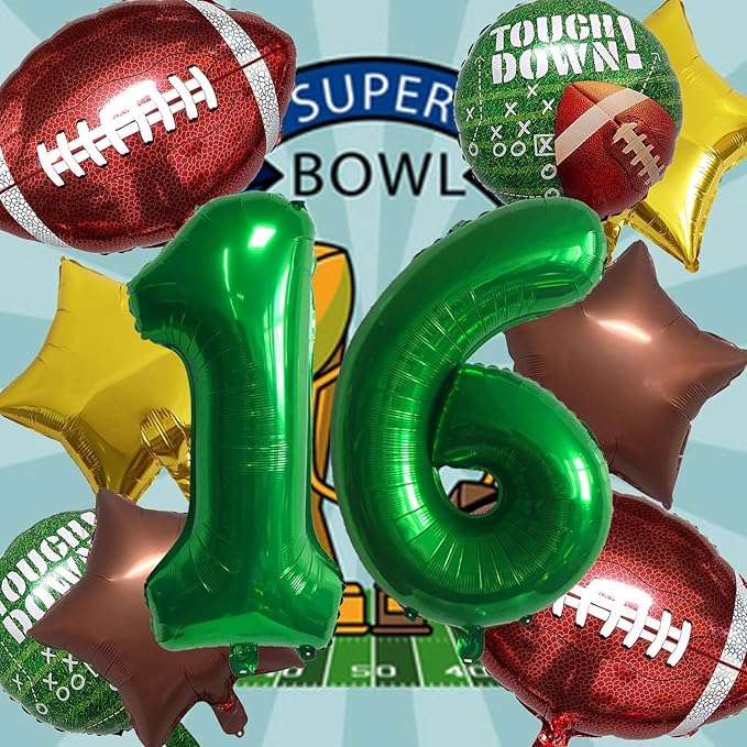 Football Birthday Decorations - 16th Birthday Balloon Rugby Gold Brown Star Touchdown Sports Theme Party Supplies - 10Pcs