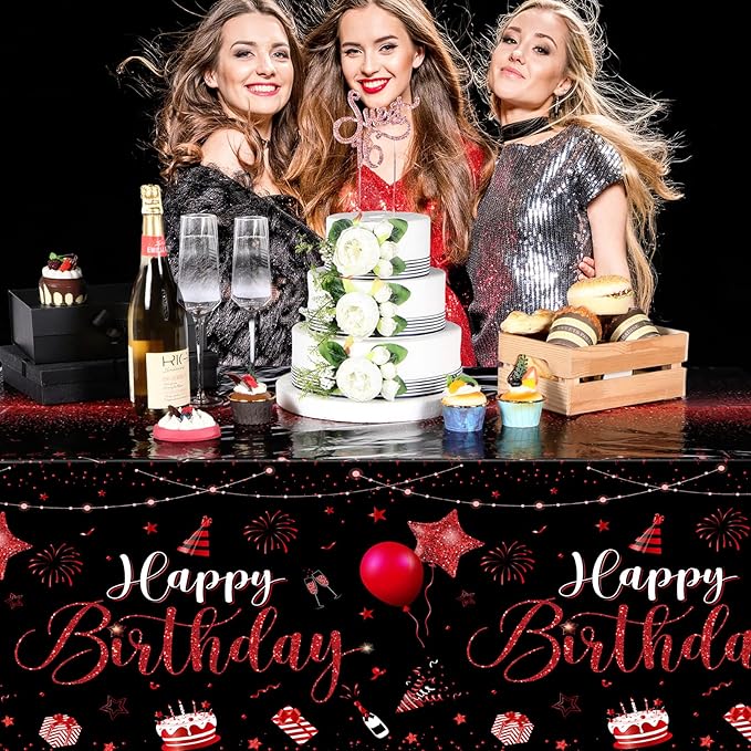 Tudomro 1 Pcs Happy Birthday Tablecloths Happy Birthday Party Decorations Plastic Table Cover Rectangular Cloths for Women Men Baby Shower Party Supplies, 108 x 54 Inch (Black Red)